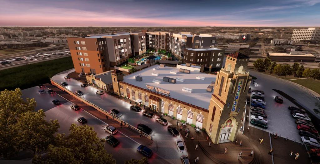 Aerial view of The Harden and Public Market building