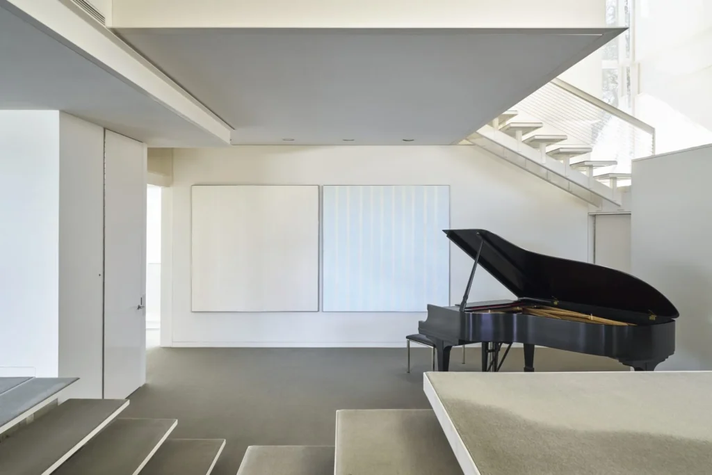 Agnes Martin, Untitled #2 (1975) and Untitled #11 (1975) in the Piano Room of the Bass House