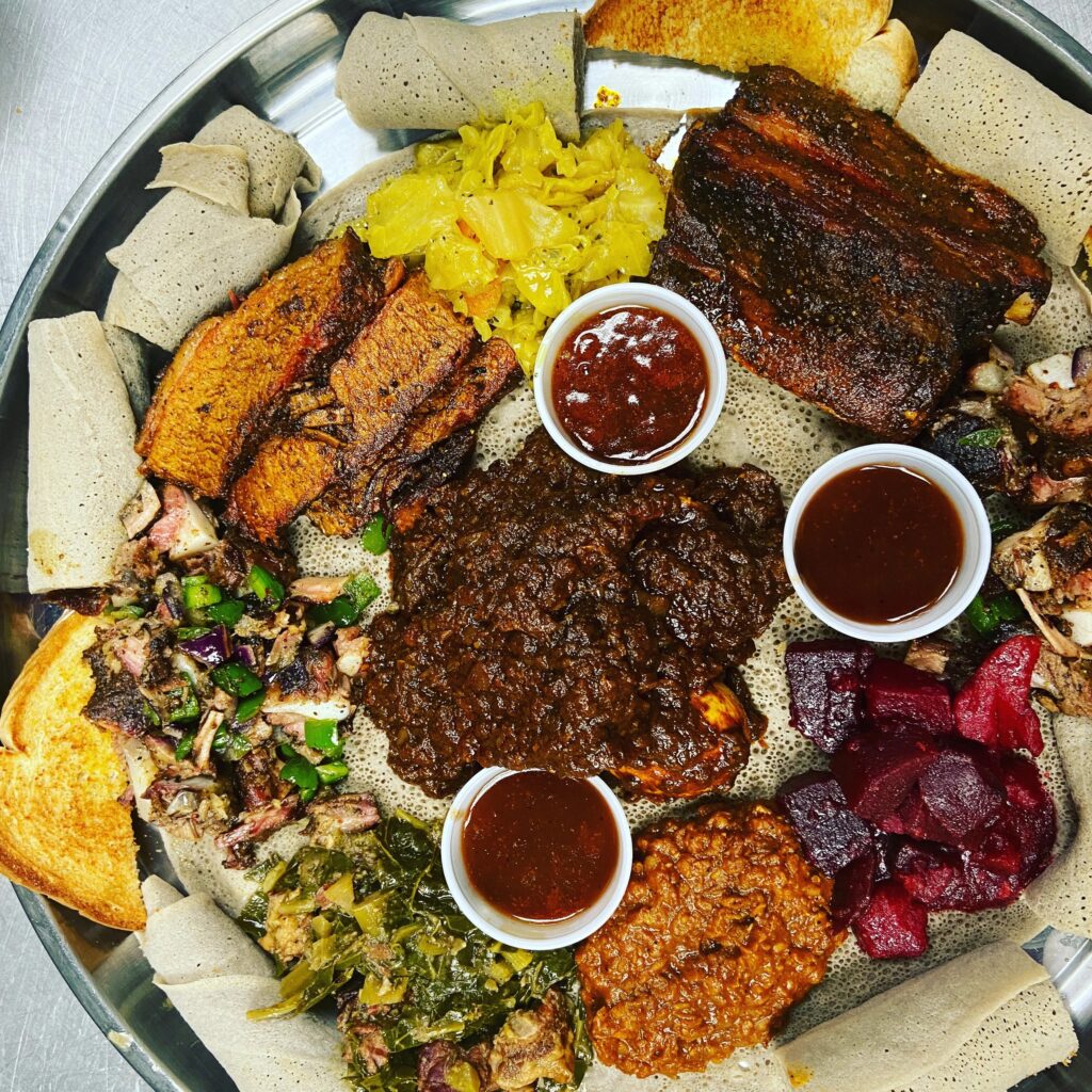Tex-Ethiopian Platter with Awaze Pork Ribs
