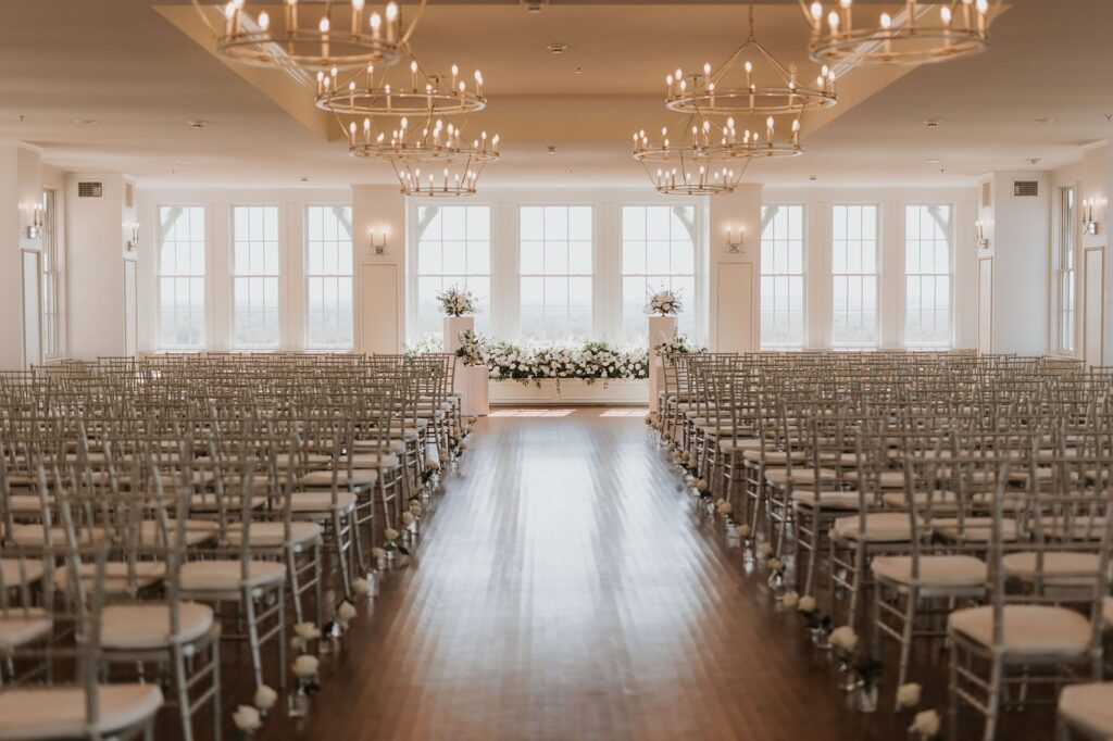 Seventh floor ballroom set for a wedding
