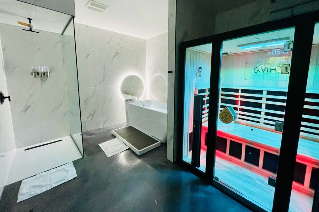 private suite with an infrared sauna, vitamin-C shower, and cold plunge