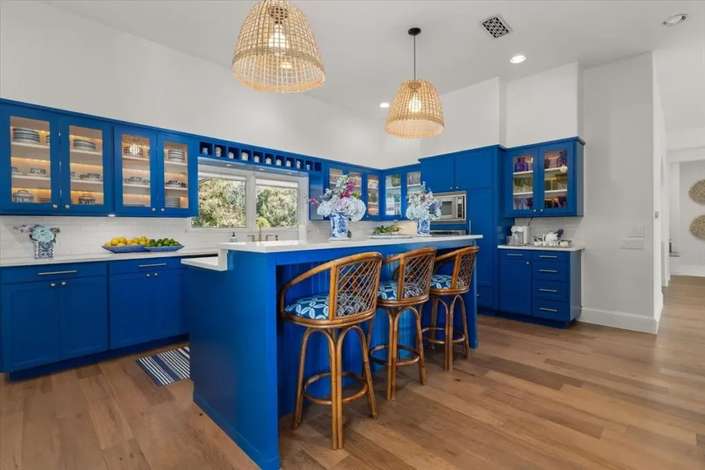 9308 Lechner - Designer details in the open kitchen painted a bold blue