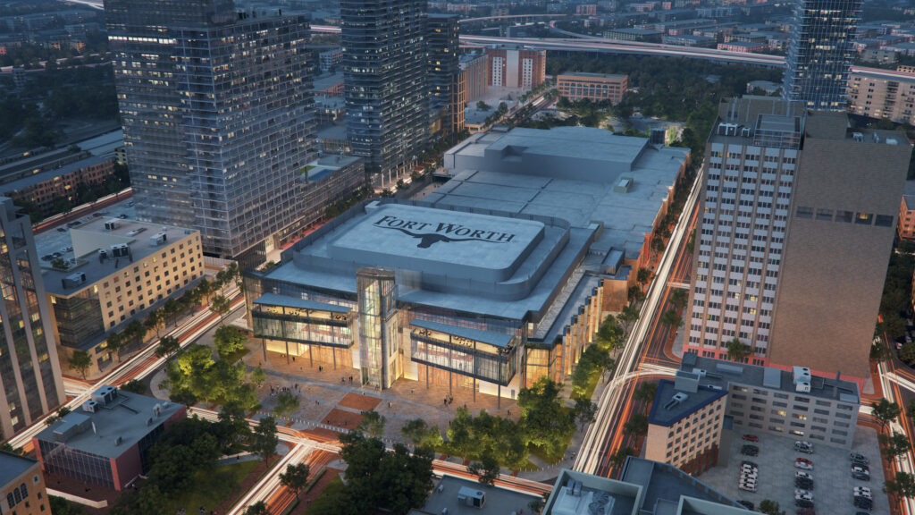 An aerial south facing view of the Fort Worth Convention Center, with completion by 2030