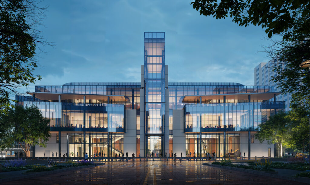 The transparent front elevation of the four story Fort Worth Convention Center