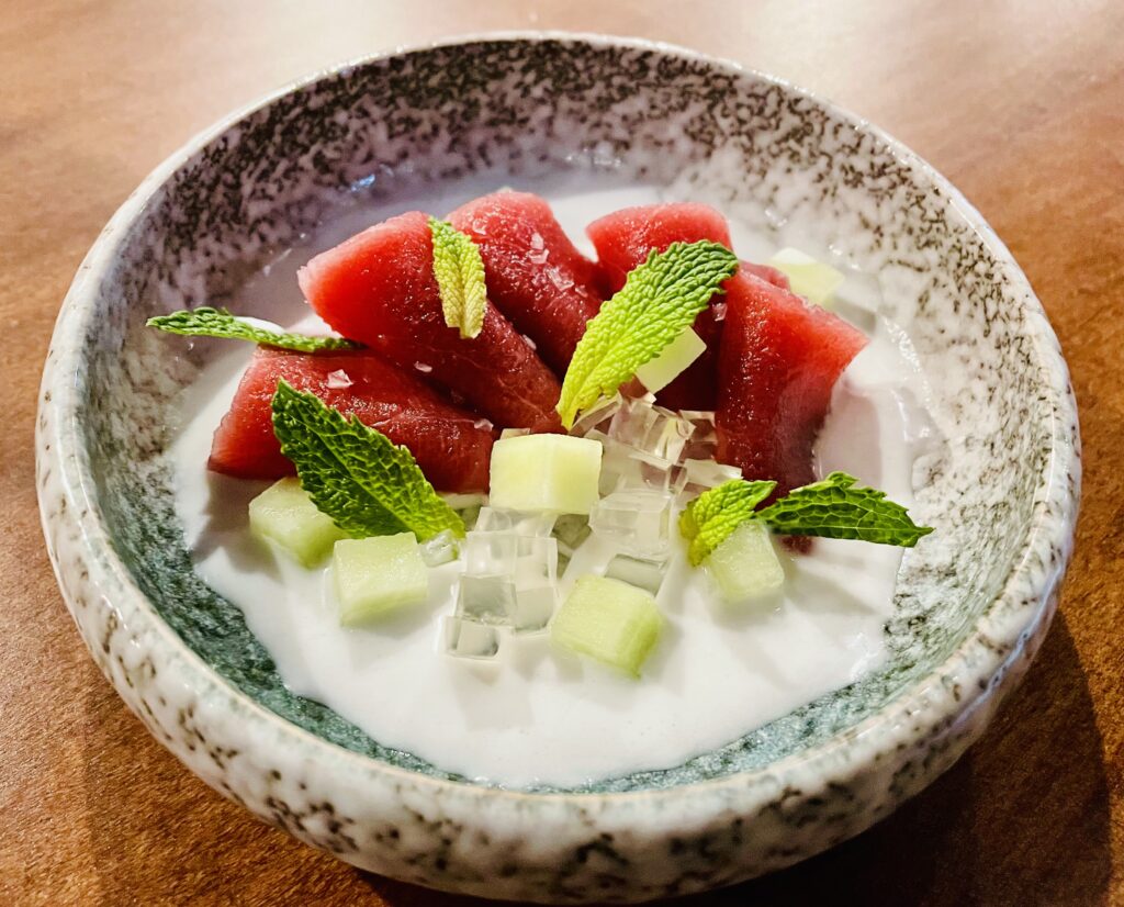Yoichi - Blue Fin Crudo in coco zu with honeydew and coconut jelly