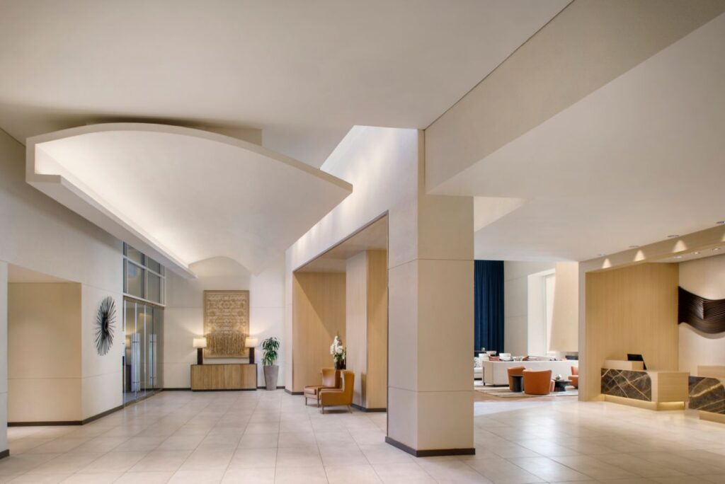 The lobby embraces its unique architecture