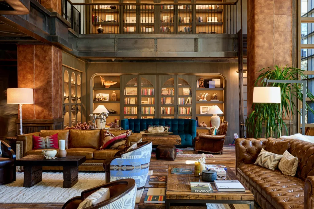 Hotel Drover's glamorous lobby with a view of the backyard